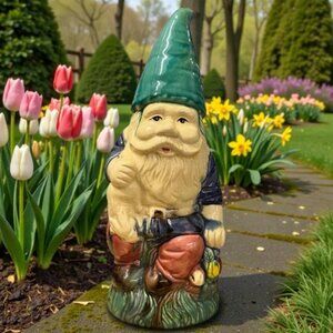 Vintage Hand Painted Ceramic Garden Gnome w/Bunny Rabbit Basket Majolica Style 2